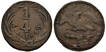 МЕКСИКА 1/4 РЕАЛА 1835 ПЕРВАЯ РЕСПУБЛИКА, МЕХИКО СИТИ KM 358 медь VF- 3334-521