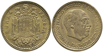 Испания 1 песета 1963 (63) Франсиско Франко (1939-1975) KM 775 алюминиевая бронза 110-1146