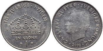 Швеция 1 крона 2003 Карл XVI Густав (1973- ) KM 894 медно-никель 3999-236