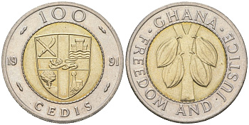 Гана 100 седи 1991 какао KM 32 биметалл UNC 110-624