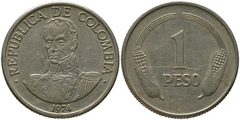 Колумбия 1 песо 1974 KM 258.1 медно-никель 4529-934