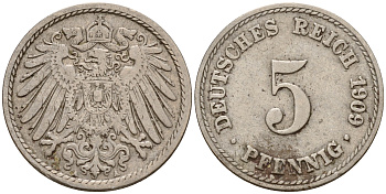 Германия 5 пфеннигов 1909 A J.12, KM 11 медно-никель    4598-1138