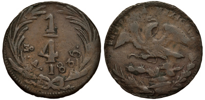 МЕКСИКА 1/4 РЕАЛА 1835 ПЕРВАЯ РЕСПУБЛИКА, МЕХИКО СИТИ KM 358 медь VF- 3334-521