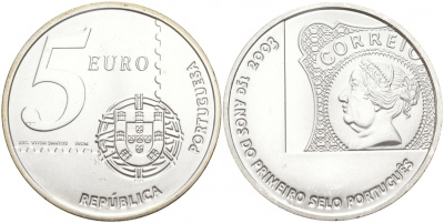 Португалия 5 евро 2003 150 летие первой Португальской марке KM 749 серебро UNC 1074-10-12