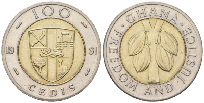 Гана 100 седи 1991 какао KM 32 биметалл UNC 110-624