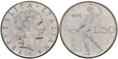 Италия 50 лир 1976 R, бог Вулкан у наковальни KM 95.1 нержавеющая сталь 4156-735