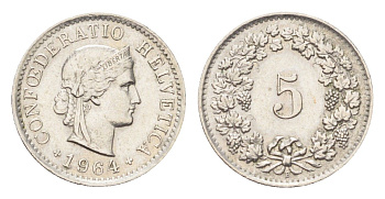 Швейцария 5 раппенов 1964 B KM 26 медно-никель 4705-1255