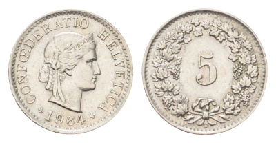 Швейцария 5 раппенов 1964 B KM 26 медно-никель 4705-1255