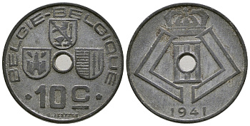 БЕЛЬГИЯ 10 САНТИМОВ 1941 BELGIE-BELGIQUE, ГЕРМАНСКАЯ ОККУПАЦИЯ, ВТОРАЯ МИРОВАЯ ВОЙНА KM 126 цинк 177-1024