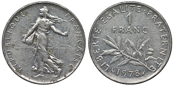 Франция 1 франк 1978 сеятель KM 925.1, Le Franc 226.23 никель 4128-435