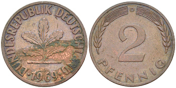 ФРГ 2 ПФЕННИГА 1969 D KM 106а, J. 381а сталь плакированная сталь плакированная медьюю 4181-757