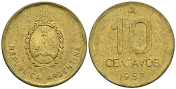Аргентина 10 сентаво 1987 герб KM 98 латунь 87-323