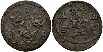 Швеция 1/6 эре 1667 S.m. Карл XI (1660-1697) KM 254 медь 540-826