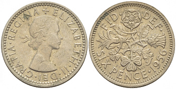 Великобритания 6 пенсов 1956 Елизавета II (1952-2022) KM 903, Spink 4149 медно-никель 4528-916