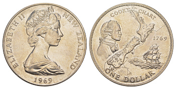 Новая Зеландия 1 доллар 1969 200 лет путешествию Капитана Кука KM 40 медно-никель BU 91-321