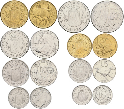 Сан-Марино годовой набор из 8 монет 1981 1, 2, 5, 10, 20, 50, 100 и 200 лир KM 116-123 UNC 3-6-4-62