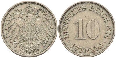 ГЕРМАНИЯ 10 ПФЕННИГОВ 1914 F KM 12, J. 13 медно-никель 33-1136