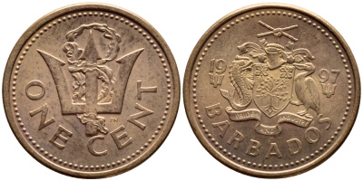 Барбадос 1 цент 1997 сломанный трезубец Британии KM 10а цинк плакированный медью 4398-614