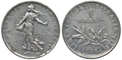 Франция 1 франк 1978 сеятель KM 925.1, Le Franc 226.23 никель 4128-435