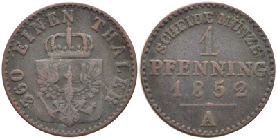 ПРУССИЯ 1 ПФЕННИГ 1852 А, ФРИДРИХ ВИЛЬГЕЛЬМ IV (1840-1861) KM 451 медь 201-532