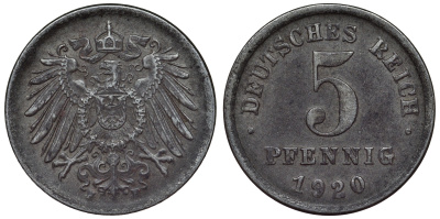 Германия 5 пфеннигов 1920 F KM 19, J. 297, Weege 5 железо 4118-1231
