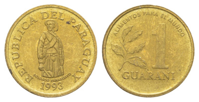 Парагвай 1 гуарани 1993 KM 192 сталь плакированная латунью UNC 4625-152