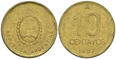 Аргентина 10 сентаво 1987 герб KM 98 латунь 87-323
