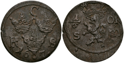 Швеция 1/6 эре 1667 S.m. Карл XI (1660-1697) KM 254 медь 540-826
