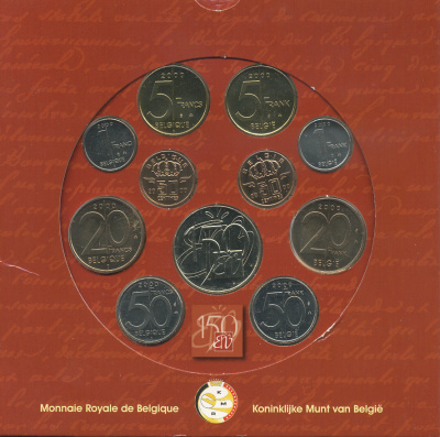Бельгия набор из 10 монет + жетон 2000 Belgie-Belgique, 150 лет Национальному банку Бельгии, в оригинальном картонном буклете KM MS 13 UNC 6-6-2-25