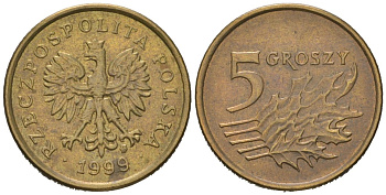 Польша 5 грошей 1999 MW KM 278, Parchimowicz 703f латунь aUNC 4547-311