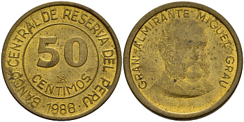 Перу 50 сентесимо 1988 KM 295 латунь 4159-947