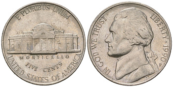 США 5 центов 1990 P, Томас Джефферсон KM A192 медно-никель aUNC 216-337