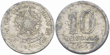 БРАЗИЛИЯ 10 СЕНТАВО 1956 ГЕРБ KM 564 алюминий 105-525