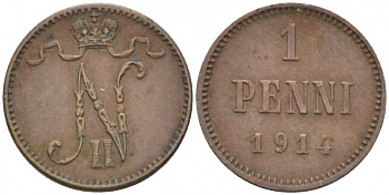 Россия для Финляндии 1 пенни 1914 Николай II (1894-1917) KM 13, Биткин 474 медь 4396-1419