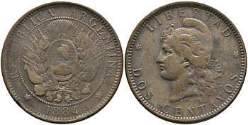 Аргентина 2 сентаво 1884 голова свободы влево KM 8 бронза 4531-513