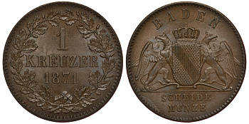 Баден 1 крейцер 1871 Великий Герцог Фридрих I (1856-1907) KM 242, Jaeger 81, AKS 132. 21,5 mm медь 441-722