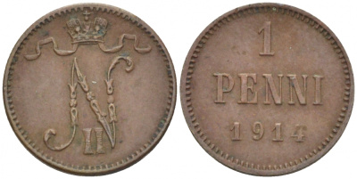 Россия для Финляндии 1 пенни 1914 Николай II (1894-1917) KM 13, Биткин 474 медь 4396-1419