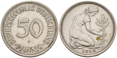 ФРГ 50 ПФЕННИГОВ 1950 F KM 109.1, J. 384 медно-никель 4532-343