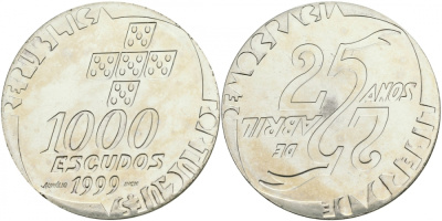 Португалия 1000 эскудо 1999 25 лет Апрельской революции KM 715 серебро UNC 3896-225