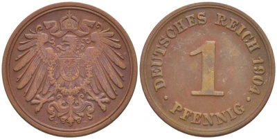 ГЕРМАНИЯ 1 ПФЕННИГ 1904 D KM 10, J. 10, Weege 2 медь 211-316