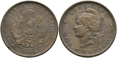 Аргентина 2 сентаво 1884 голова свободы влево KM 8 бронза 4531-513