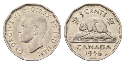 Канада 5 центов 1946 бобр Dot, Георг VI (1936-1952) KM 39a никель 75-1639