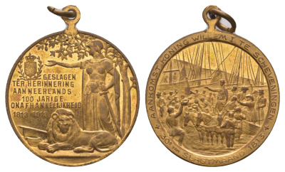 Нидерланды медаль "100-летия независимости Нидерландов 1813–1913" 1913 Прибытие короля Виллема I в Схевенинген, диаметр 29 мм, вес 9 гр бронза UNC 4044-1145