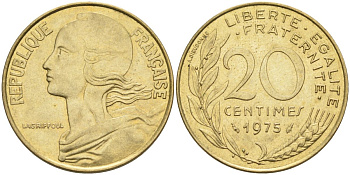Франция 20 сантимов 1975 тип Marianne KM 930, Le Franc 156.15 медь алюминий никель 4592-1044