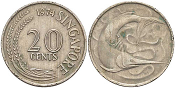 СИНГАПУР 20 ЦЕНТОВ 1974 ГОЛУБОЙ МАРЛИН, ТУНЕЦ KM 4 медно-никель 61-1116