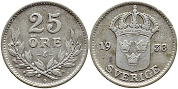 Швеция 25 эре 1938 Густав V (1907-1950) KM 785 серебро 1530-834