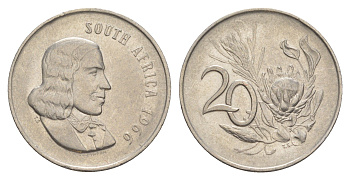 ЮАР 20 центов 1966 Ян ван Рибек (1619-1677), South Africa, легенда на английском, цветок протея KM 69.1 никель 4603-854