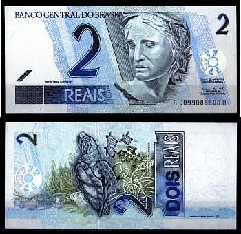 Бразилия 2 реала ND (2001-2012) Республика, морская черепаха Pick 249 a бумага UNC (пресс) 2119-42-2-2
