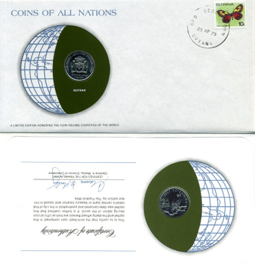 ГАЙАНА 25 ЦЕНТОВ 1979 КОНВЕРТ С МАРКОЙ ПЕРВОГО ДНЯ ГАШЕНИЯ, COINS OF NATIONS KM 40 медно-никель UNC 4294-25-2