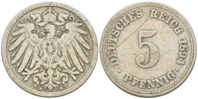ГЕРМАНИЯ 5 ПФЕННИГОВ 1894 А KM 11, J. 12 медно-никель 206-1168